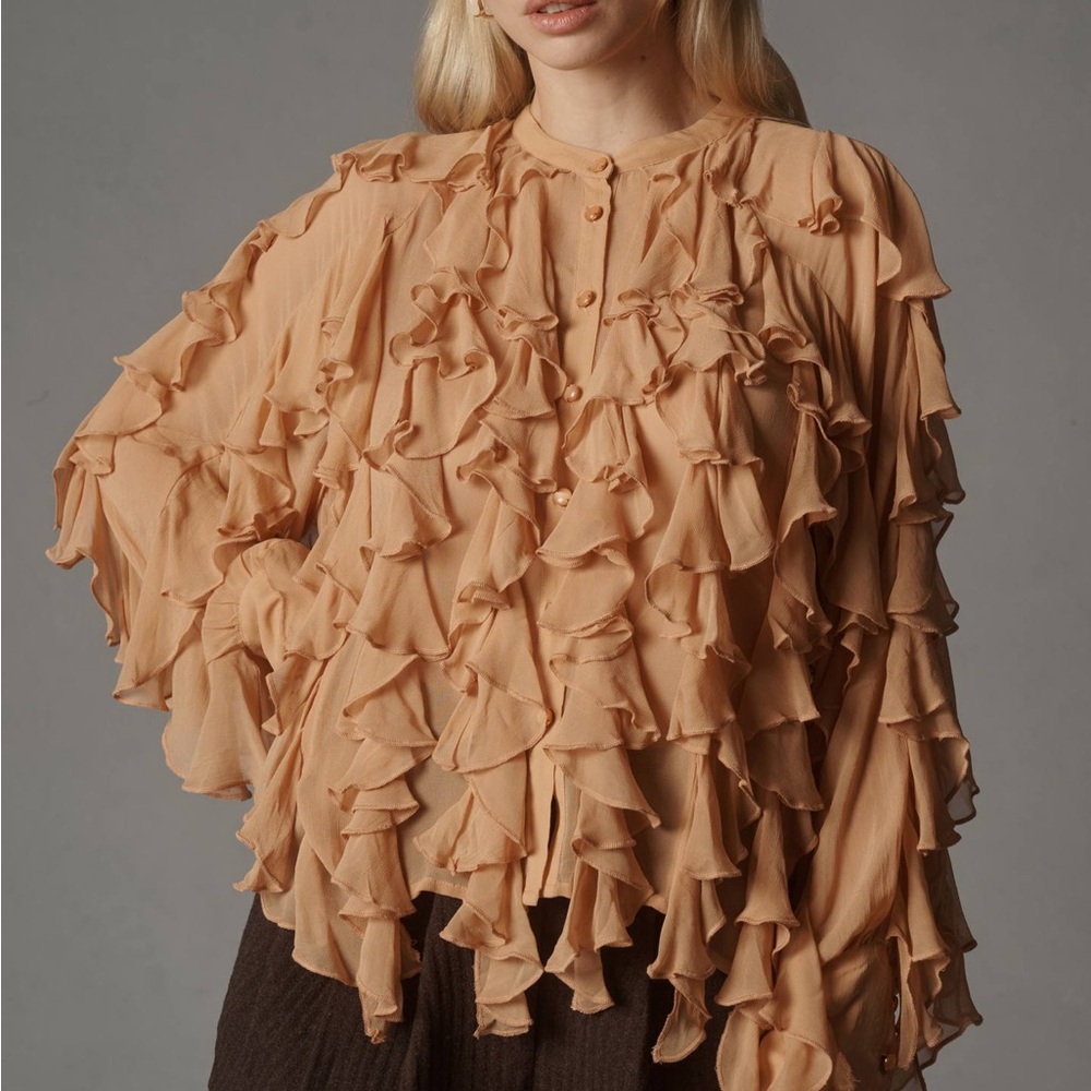 Anthropologie Sheer Blouse Women's XS Peach Nude Ruffle Buttondown Business NWT